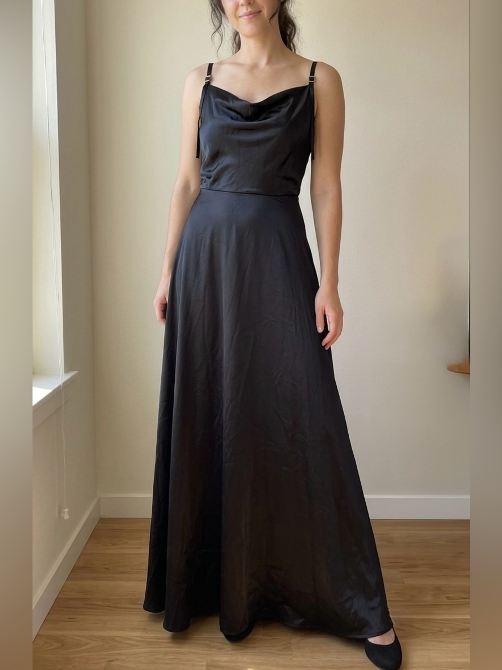 Babyonline Black Satin Cowl Neck Maxi Gown Formal Prom Bridesmaid S NWT